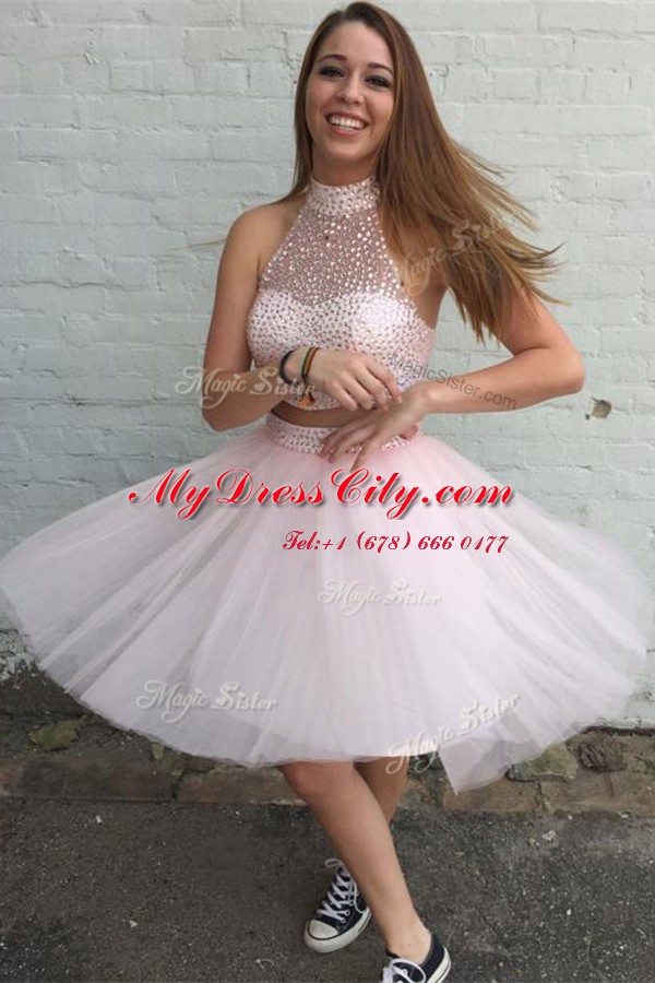 Glamorous Pink Tulle Zipper Prom Dresses Sleeveless Mini Length Beading