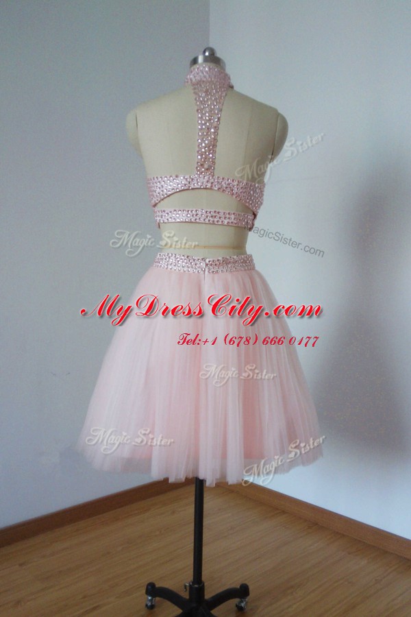 Glamorous Pink Tulle Zipper Prom Dresses Sleeveless Mini Length Beading