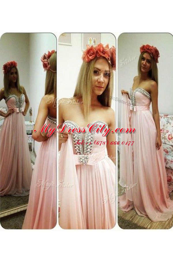 Captivating Pink A-line Strapless Sleeveless Chiffon Floor Length Zipper Beading Prom Evening Gown