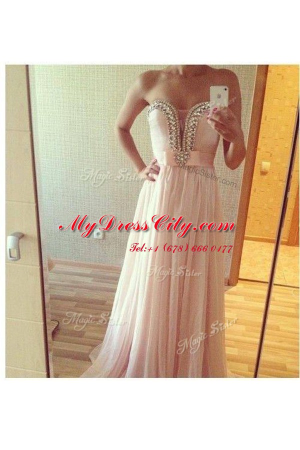 Captivating Pink A-line Strapless Sleeveless Chiffon Floor Length Zipper Beading Prom Evening Gown