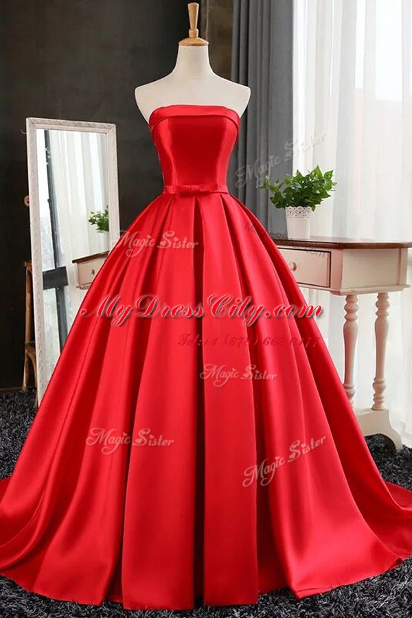 Red Ball Gowns Satin Strapless Sleeveless Pleated Lace Up Evening Dress Sweep Train