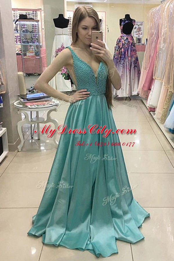 Beading Prom Dresses Green Zipper Sleeveless With Train Sweep Train