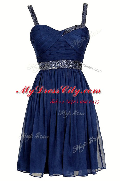 Sequins A-line Navy Blue Straps Chiffon Sleeveless Knee Length Zipper