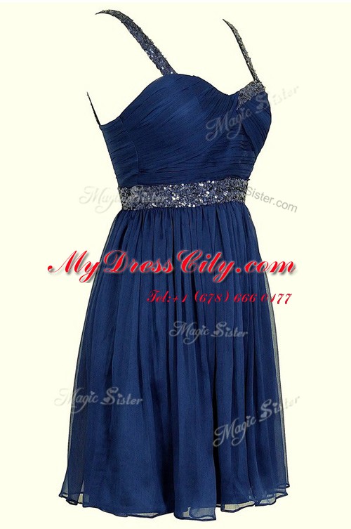 Sequins A-line Navy Blue Straps Chiffon Sleeveless Knee Length Zipper