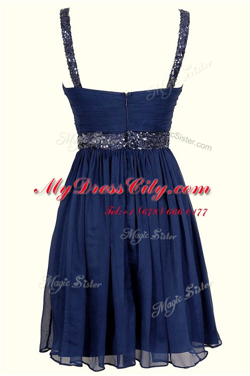 Sequins A-line Navy Blue Straps Chiffon Sleeveless Knee Length Zipper