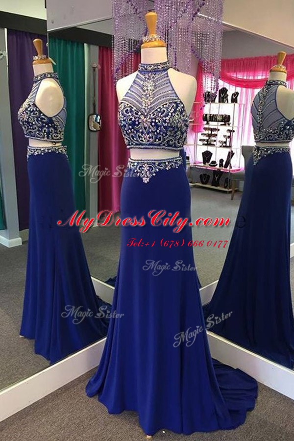 Sweep Train Column/Sheath Dress for Prom Royal Blue High-neck Elastic Woven Satin Sleeveless With Train Zipper