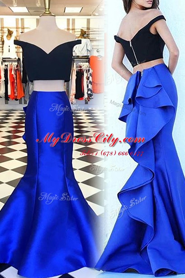 Mermaid Off The Shoulder Short Sleeves Sweep Train Zipper Prom Party Dress Royal Blue Satin