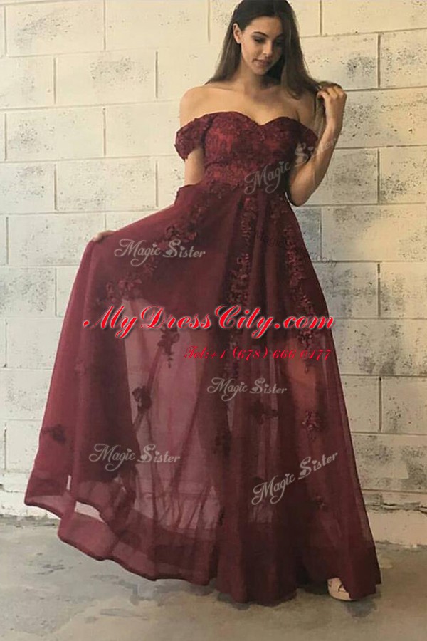 Simple Off the Shoulder Appliques Prom Dresses Burgundy Zipper Short Sleeves Floor Length