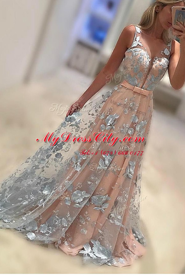 Fantastic Bateau Sleeveless Sweep Train Zipper Prom Gown Peach Lace