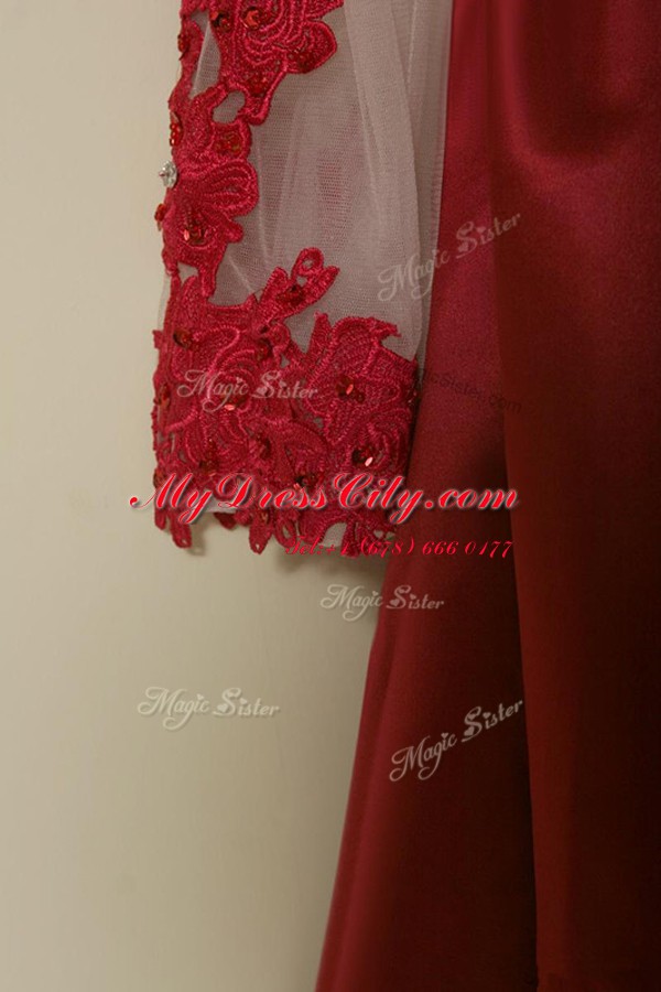 Scoop Wine Red Satin Zipper Prom Dress Long Sleeves Knee Length Appliques