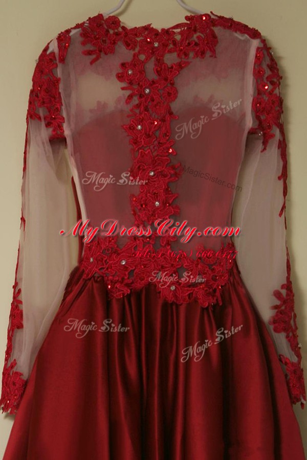 Scoop Wine Red Satin Zipper Prom Dress Long Sleeves Knee Length Appliques