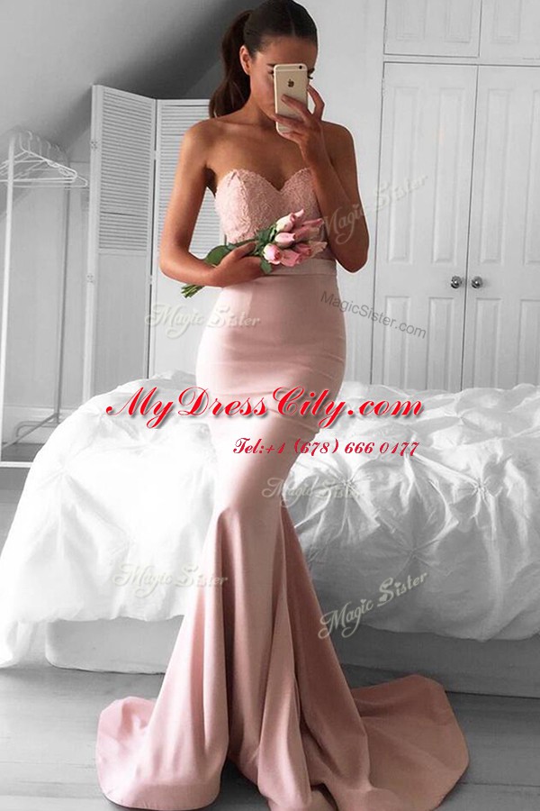 Custom Fit Mermaid Pink Zipper Prom Gown Lace Sleeveless Sweep Train