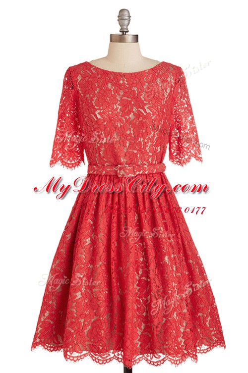 Ideal Lace Red Scoop Neckline Belt Evening Dress Short Sleeves Zipper