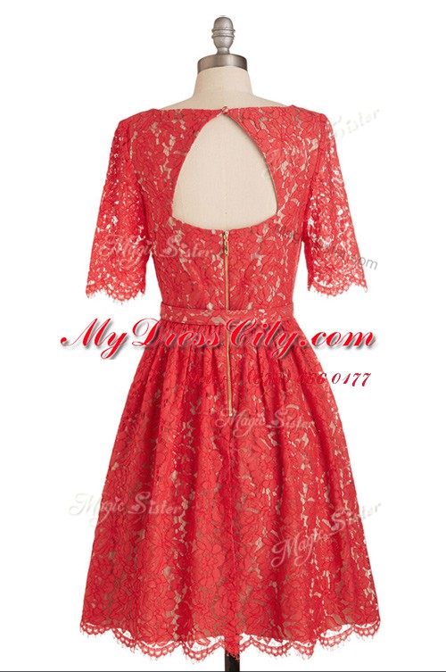 Ideal Lace Red Scoop Neckline Belt Evening Dress Short Sleeves Zipper