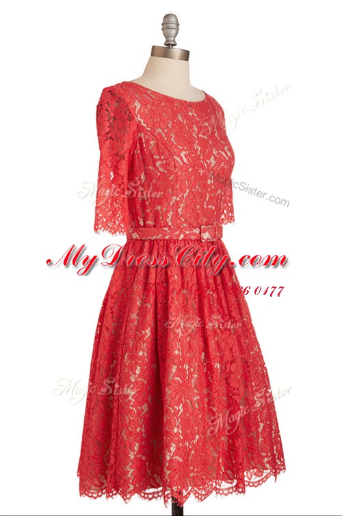 Ideal Lace Red Scoop Neckline Belt Evening Dress Short Sleeves Zipper