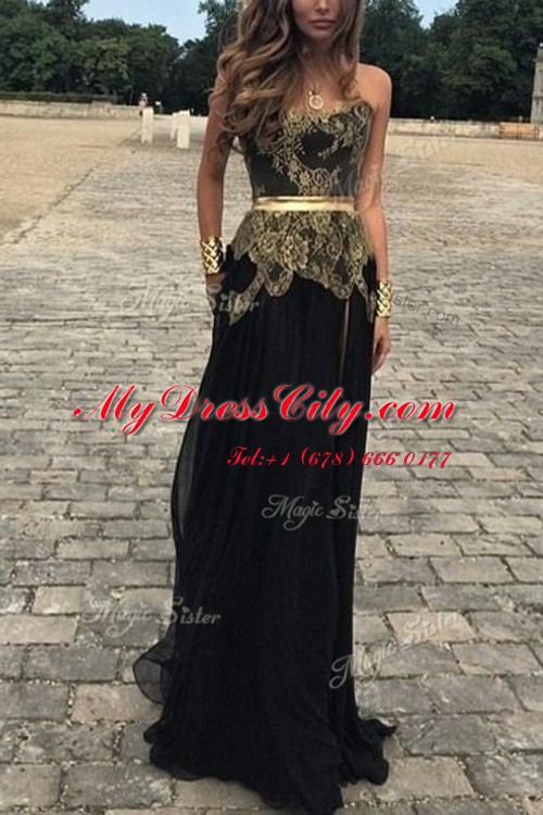 Black Strapless Backless Lace and Appliques Prom Dresses Sleeveless