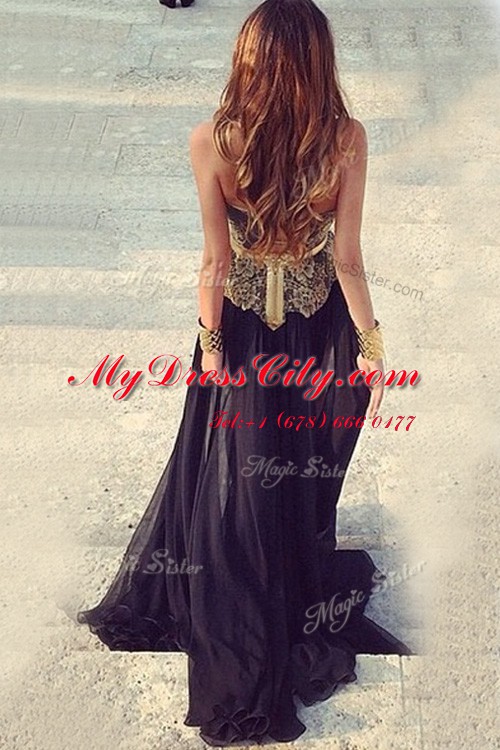 Black Strapless Backless Lace and Appliques Prom Dresses Sleeveless