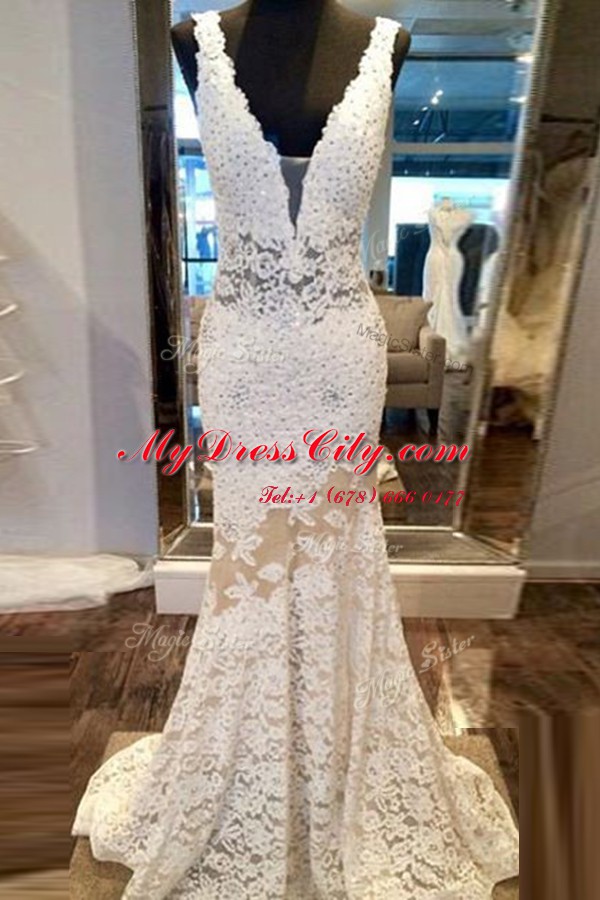 Romantic Mermaid Lace V-neck Sleeveless Sweep Train Zipper Beading Homecoming Dress in White