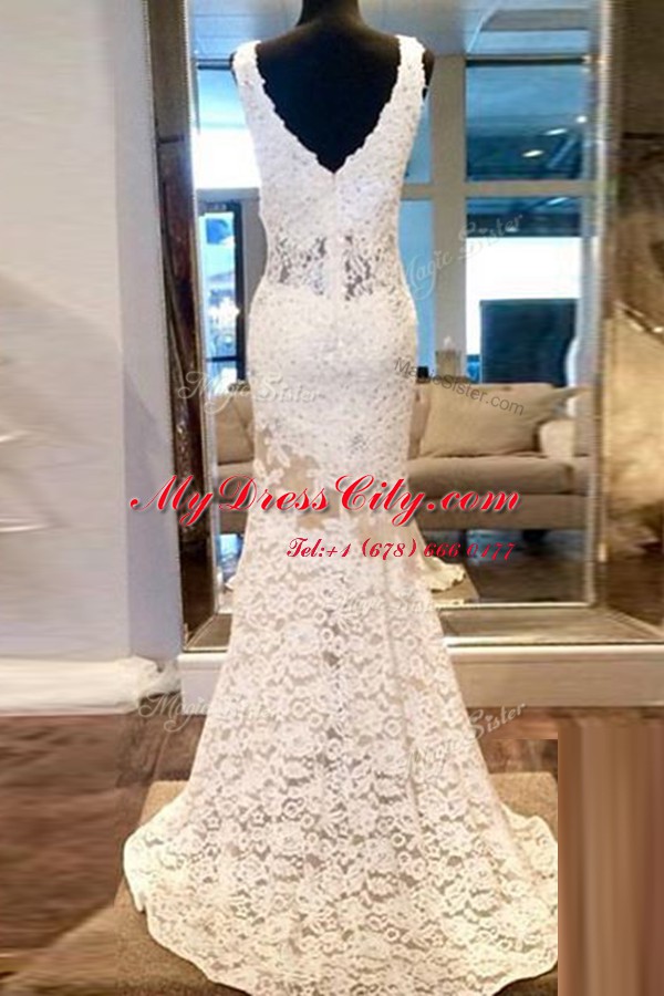 Romantic Mermaid Lace V-neck Sleeveless Sweep Train Zipper Beading Homecoming Dress in White