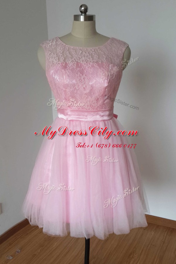 Sophisticated Pink Dress for Prom Prom and Party and For with Lace and Bowknot Scoop Sleeveless Backless