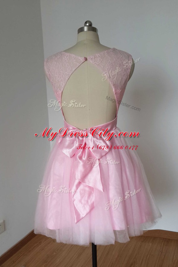 Sophisticated Pink Dress for Prom Prom and Party and For with Lace and Bowknot Scoop Sleeveless Backless