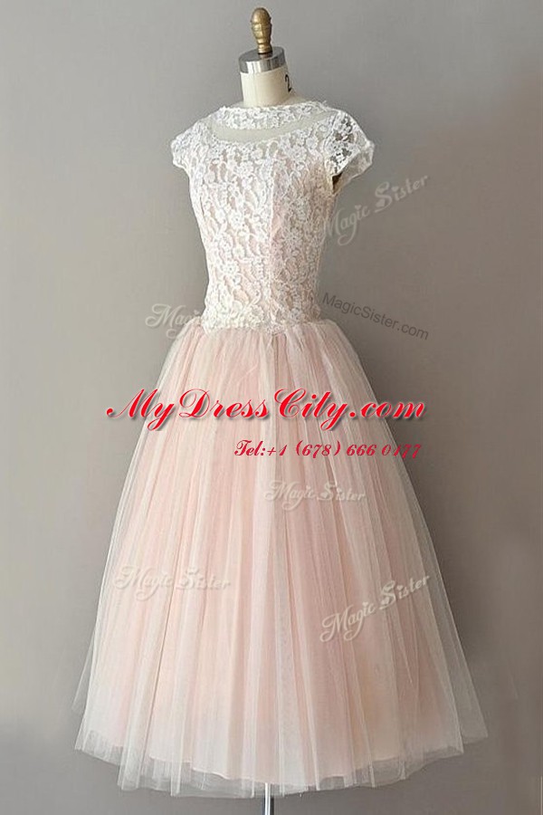 Spectacular Bateau Cap Sleeves Prom Gown Knee Length Lace Pink Tulle