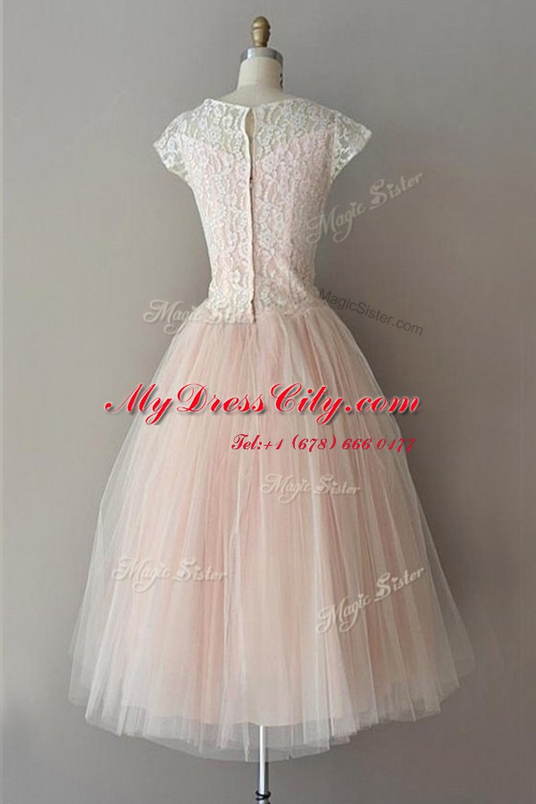 Spectacular Bateau Cap Sleeves Prom Gown Knee Length Lace Pink Tulle