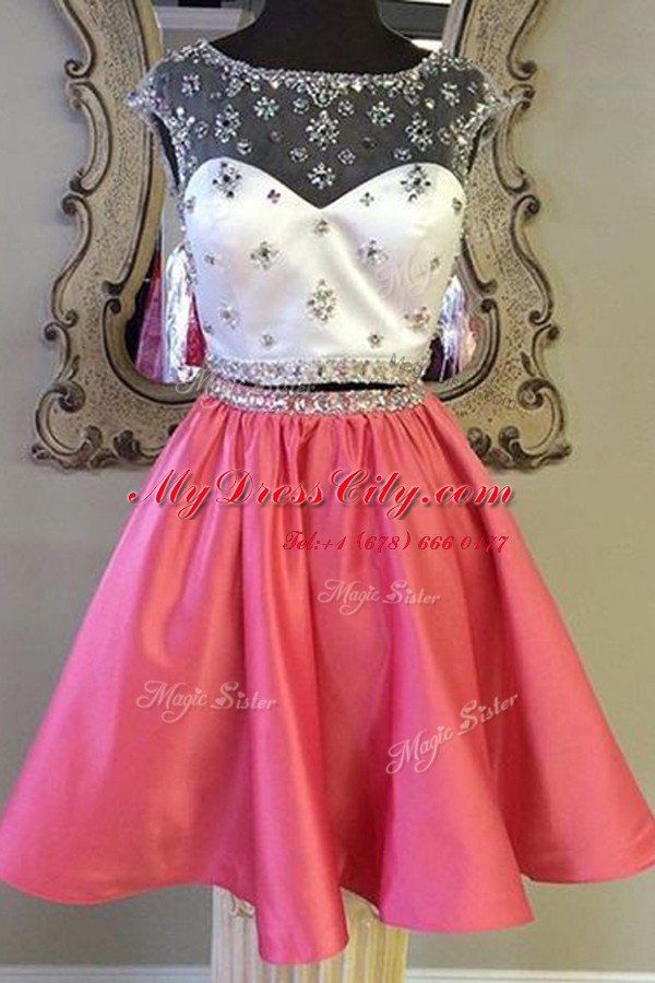 Dazzling Rose Pink Prom Evening Gown Prom and Party and For with Sashes ribbons Bateau Cap Sleeves Zipper