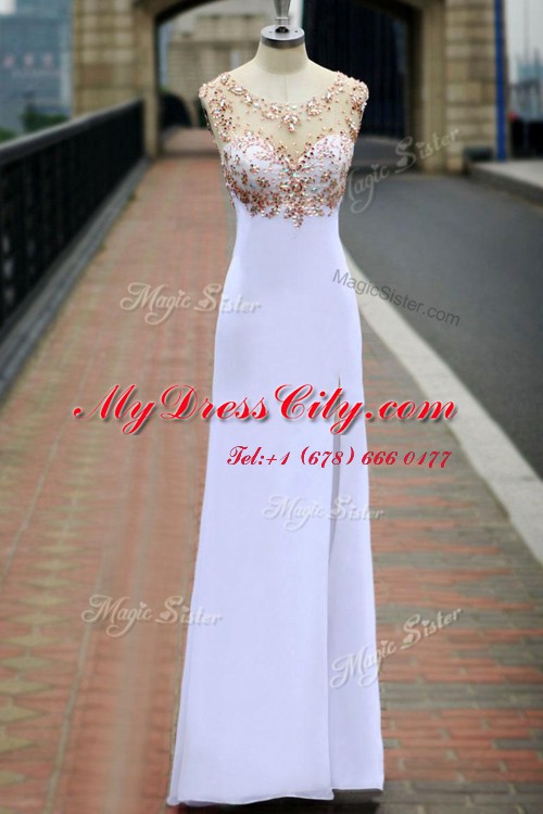 Beauteous Chiffon Scoop Sleeveless Backless Beading Prom Party Dress in White