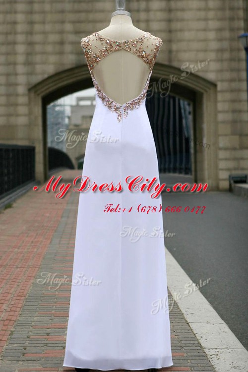 Beauteous Chiffon Scoop Sleeveless Backless Beading Prom Party Dress in White