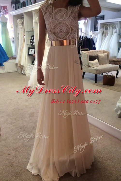 Champagne Prom Gown Prom and Party and For with Belt Scoop Sleeveless Zipper