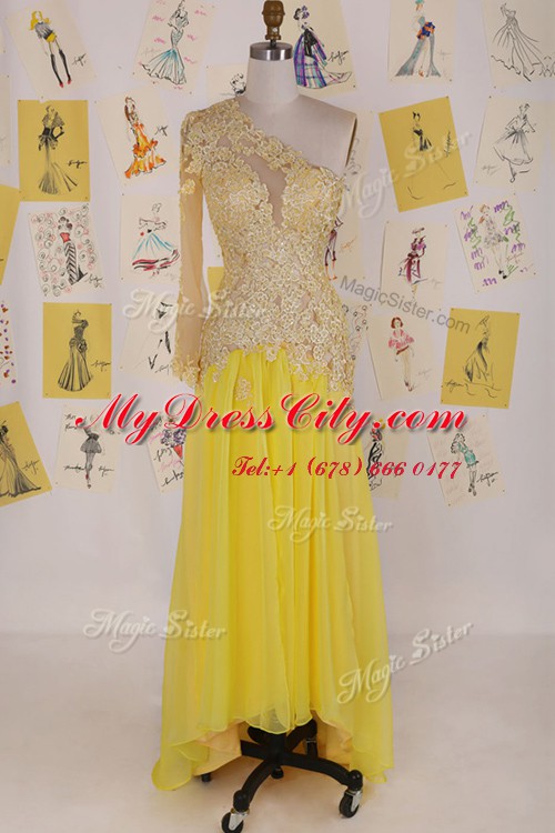 Traditional One Shoulder Yellow Organza Side Zipper Dress for Prom Sleeveless High Low Appliques