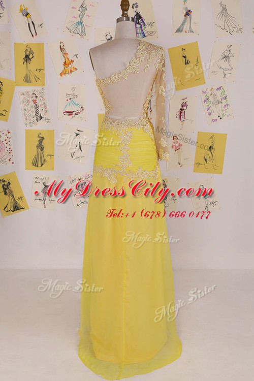 Traditional One Shoulder Yellow Organza Side Zipper Dress for Prom Sleeveless High Low Appliques