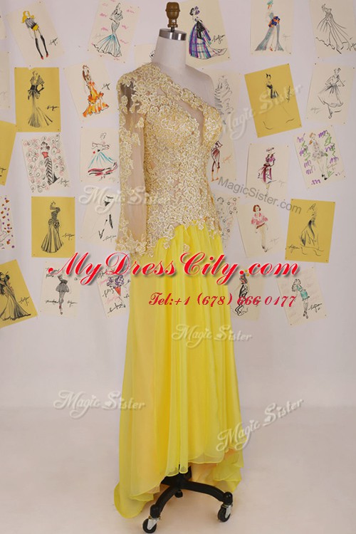 Traditional One Shoulder Yellow Organza Side Zipper Dress for Prom Sleeveless High Low Appliques