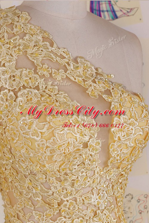 Traditional One Shoulder Yellow Organza Side Zipper Dress for Prom Sleeveless High Low Appliques