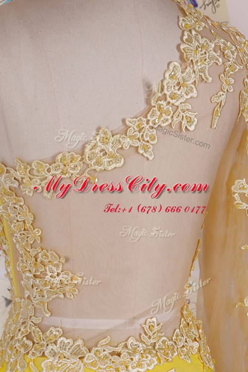 Traditional One Shoulder Yellow Organza Side Zipper Dress for Prom Sleeveless High Low Appliques