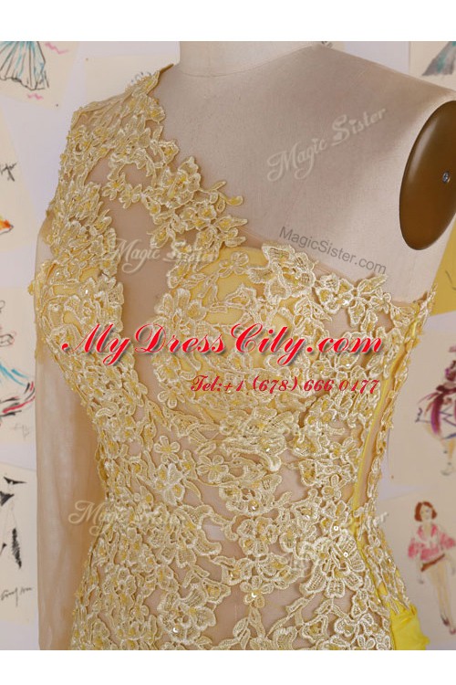 Traditional One Shoulder Yellow Organza Side Zipper Dress for Prom Sleeveless High Low Appliques