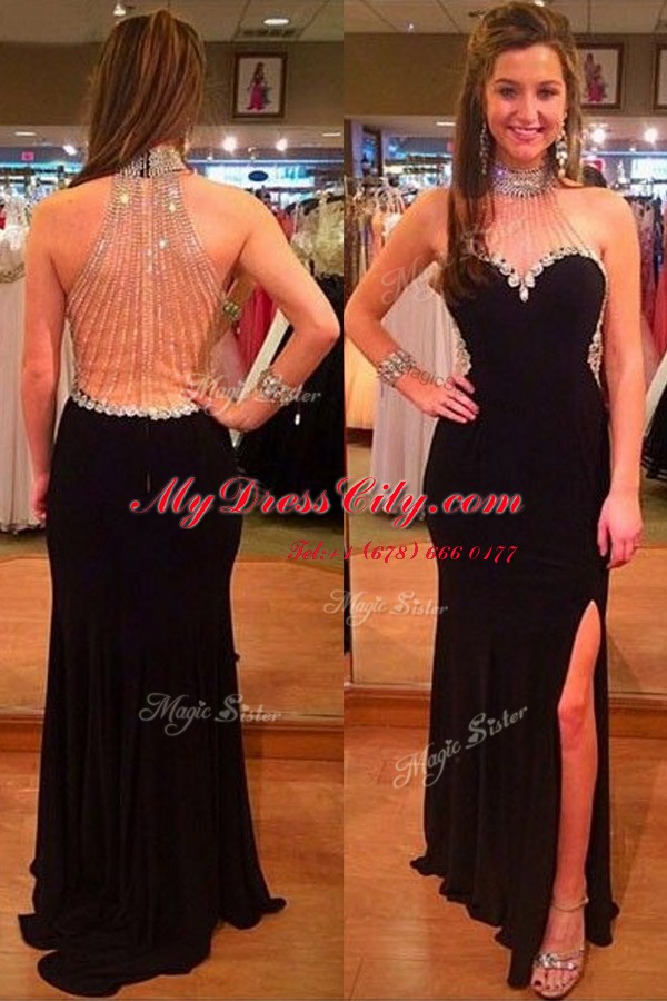 Halter Top Black Column/Sheath Beading Homecoming Dress Zipper Satin Sleeveless Floor Length