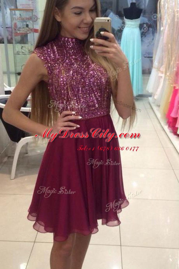 Fuchsia Halter Top Zipper Beading Prom Dress Sleeveless