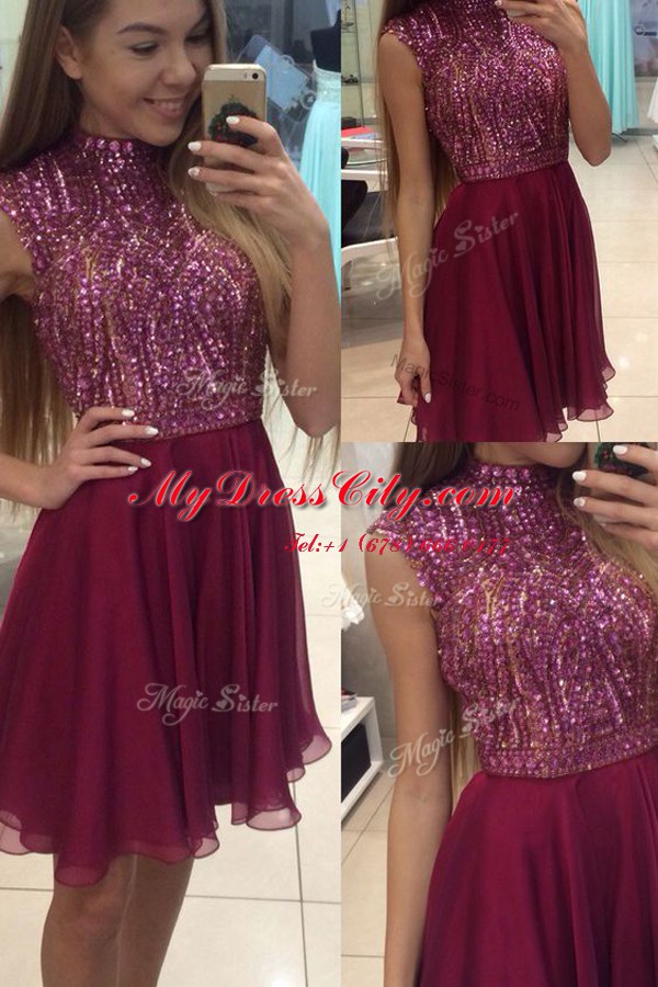 Fuchsia Halter Top Zipper Beading Prom Dress Sleeveless