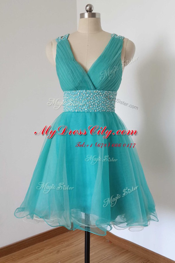 Edgy Tulle V-neck Sleeveless Criss Cross Beading Prom Evening Gown in Aqua Blue