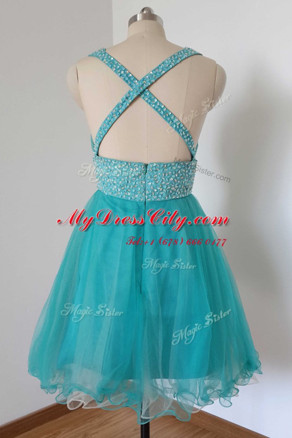 Edgy Tulle V-neck Sleeveless Criss Cross Beading Prom Evening Gown in Aqua Blue