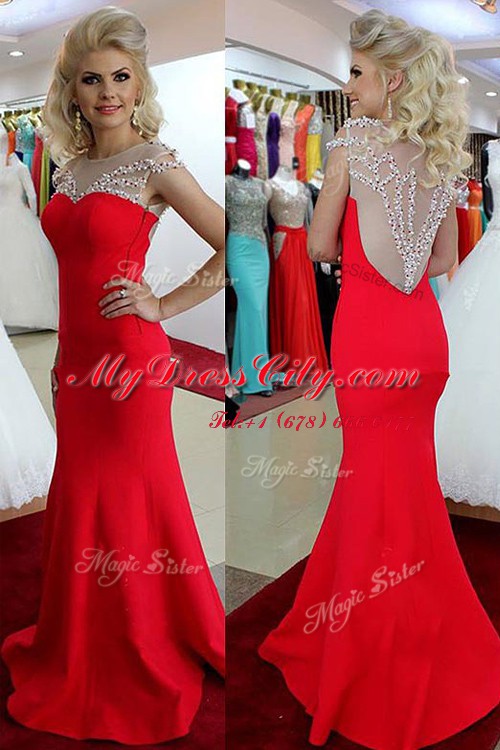 Edgy Mermaid Scoop Red Side Zipper Dress for Prom Beading Sleeveless Floor Length