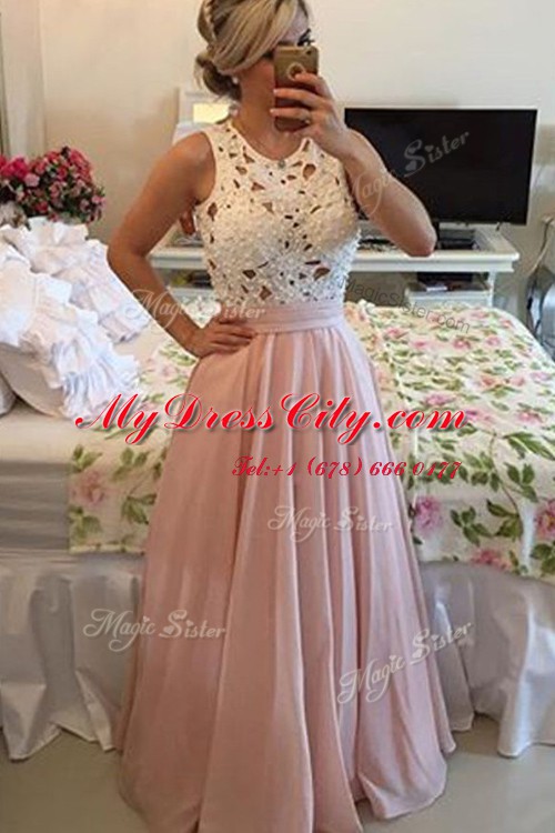 Pink Chiffon Side Zipper Scoop Sleeveless Floor Length Prom Party Dress Lace