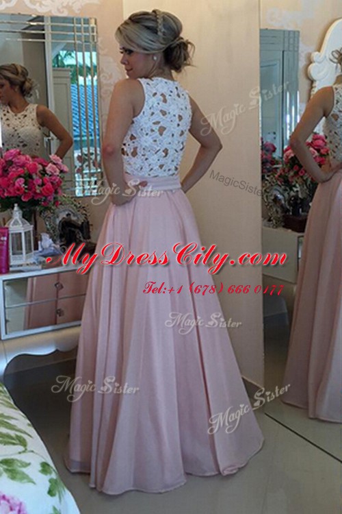 Pink Chiffon Side Zipper Scoop Sleeveless Floor Length Prom Party Dress Lace