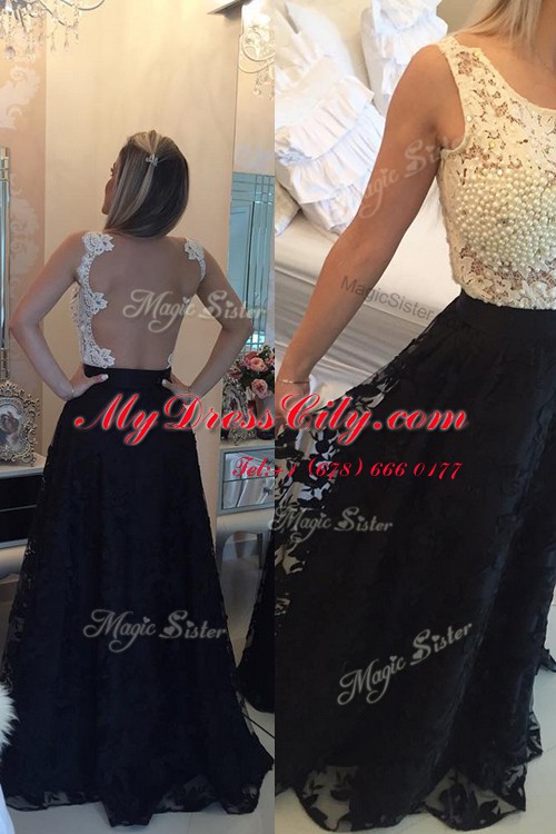 Modern Scoop Floor Length Side Zipper Prom Gown White And Black for Prom and Party with Beading and Lace