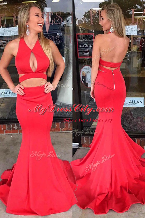 Low Price Mermaid Sleeveless Sweep Train Ruching Backless Prom Party Dress