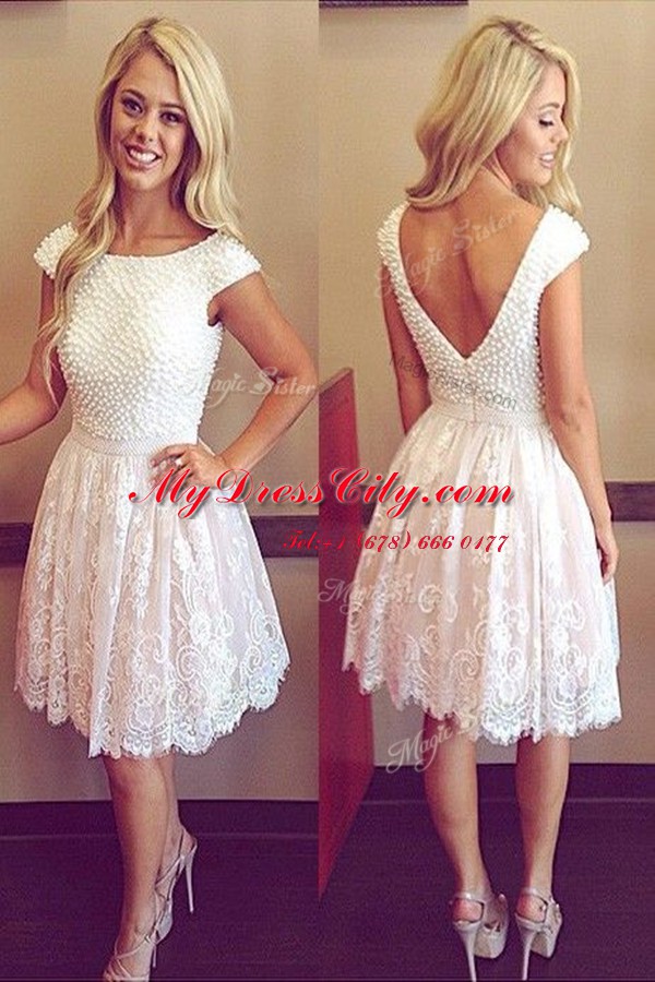 Vintage White Prom Dress Prom and Party and For with Lace Scoop Cap Sleeves Zipper