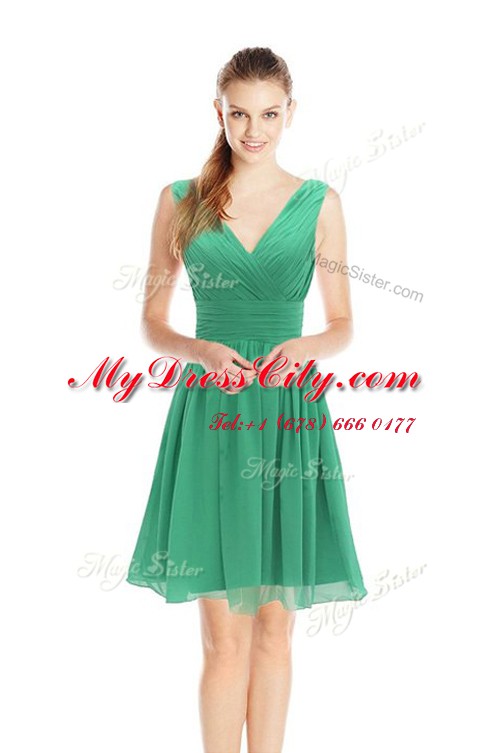 Green Sleeveless Knee Length Ruching Zipper Prom Evening Gown