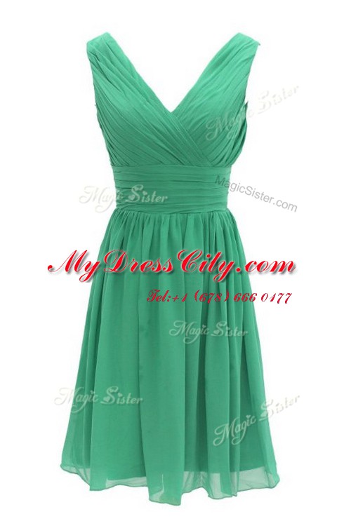 Green Sleeveless Knee Length Ruching Zipper Prom Evening Gown